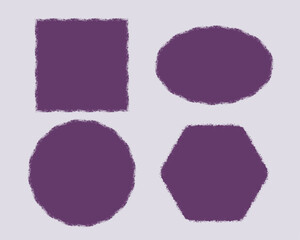 Four purple shapes on a pale background. They are a square, an oval, a circle, and a hexagon.