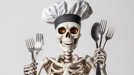 a skeleton wearing a chef's hat, with oversized forks and a spoon