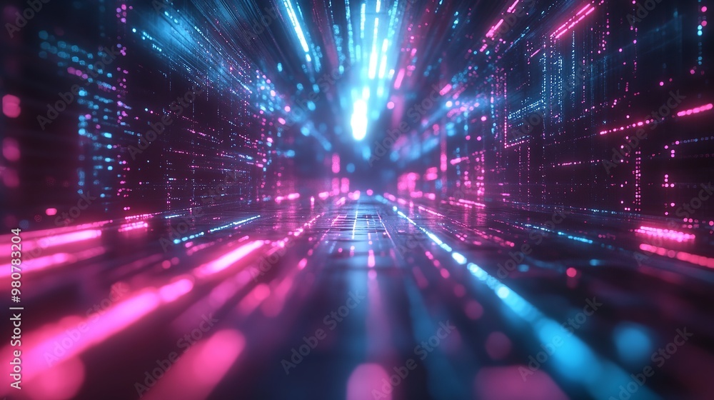 Aufkleber a vibrant display of a cyber network with glowing blue and orange data lights, representing digital 