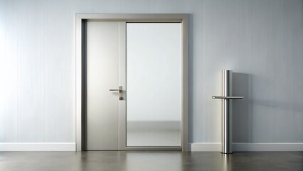 A modern, sleek door with a stainless steel handle and a large glass panel, set against a clean,