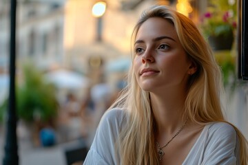 Obraz premium Serene moment captured of a young woman lost in thought against a vibrant outdoor cafe backdrop.