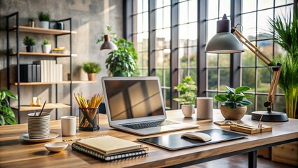 A modern, stylish workspace with a laptop, notebooks, and design elements, showcasing a creative professional crafting