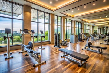 Fototapeta premium A modern, well-equipped fitness center with sleek machines, free weights, and mirrors, bathed in natural light, evoking
