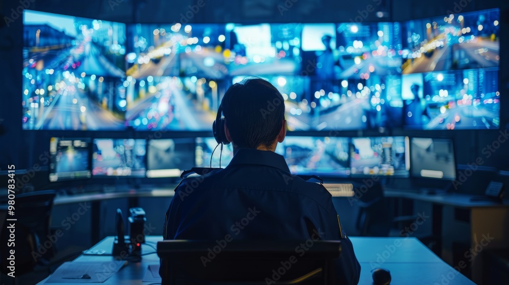 Poster security operator monitoring multiple surveillance feeds in a control room during night hours