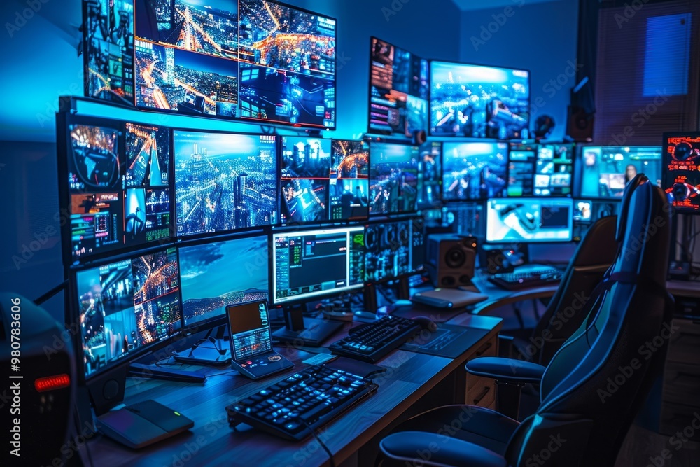 Poster high-tech control room filled with multiple screens displaying cityscapes at night, showcasing advan