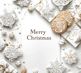 Fototapeta premium Christmas greeting card design in paper cut style. Winter composition with christmas cookies.