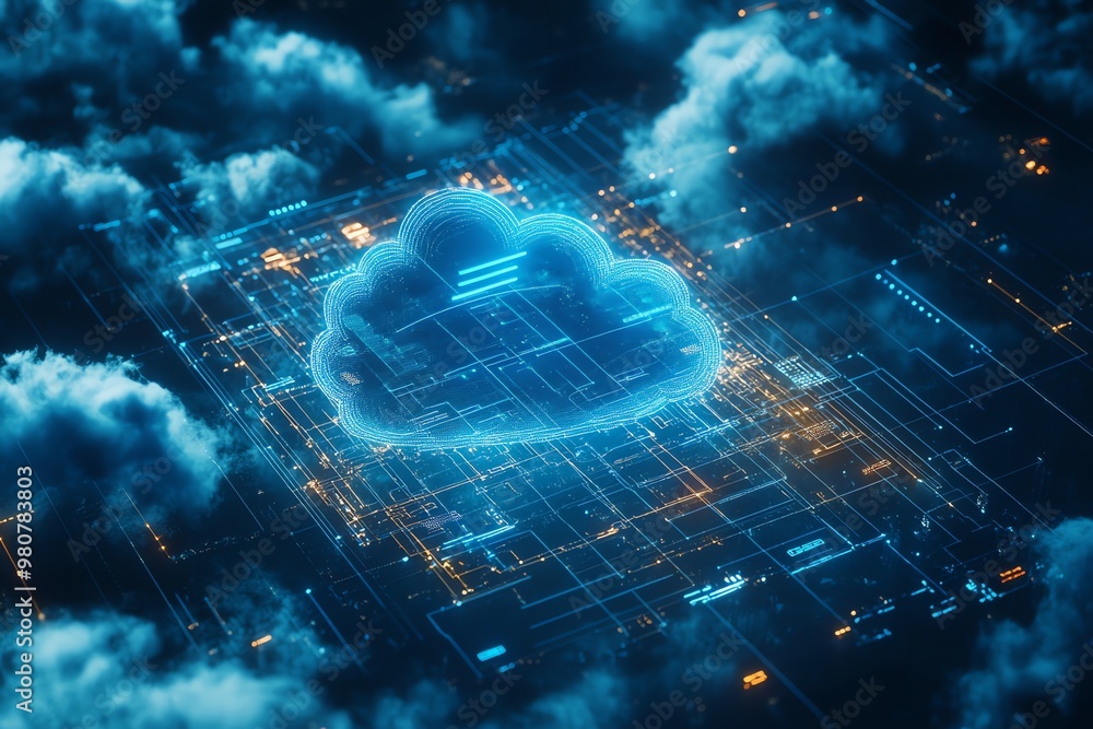 Poster a digital cloud symbol composed of illuminated lines and data over a network of glowing circuitry.