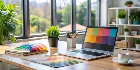 A modern designer's desk features a sleek laptop, colorful design book, and a creative logo concept on a