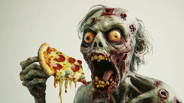 a zombie with a slice of pizza