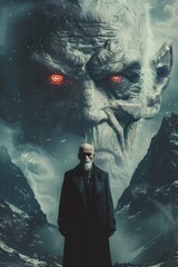 Naklejka premium A mysterious figure stands before a colossal, menacing face in a desolate, icy landscape under a stormy sky during twilight