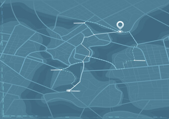 Concept of shortest path to the goal. Abstract navigation plan on city map. Isometric map with intended goal and several paths to destiny. Vector illustration