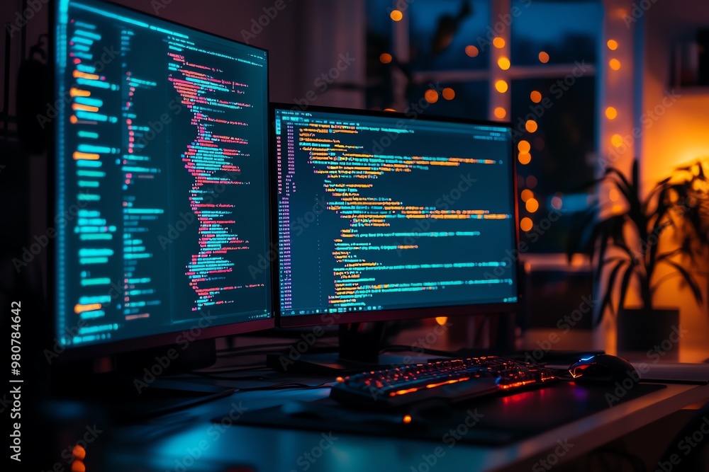 Poster two computer monitors displaying code with a keyboard and mouse in a dimly lit room