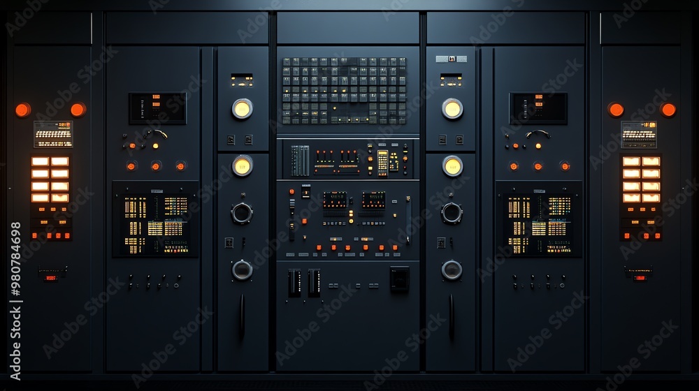 Poster a row of dark gray control panels with illuminated lights and displays