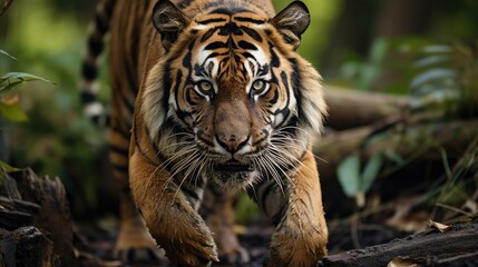 photograph with a narrow depth of field depicting a tiger.  