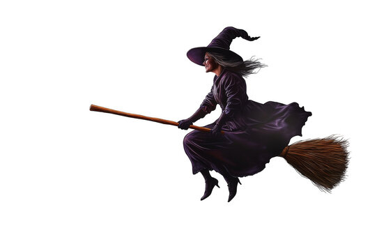 Witch in black cloak and hat flying on broom on transparent background