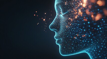 A Digital Representation of a Human Face Composed of Glowing Lines and Dots