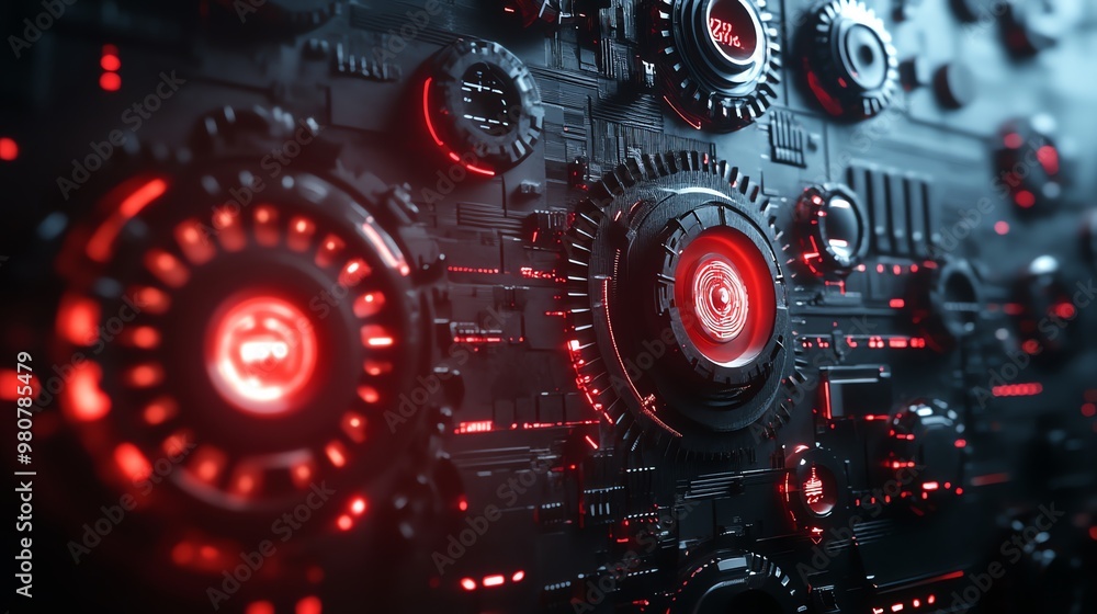 Poster futuristic tech panel with red glowing lights and circular components