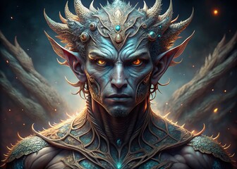 A mystical, scaled creature with human-like features, piercing eyes, and a sinuous body blends myth and reality,