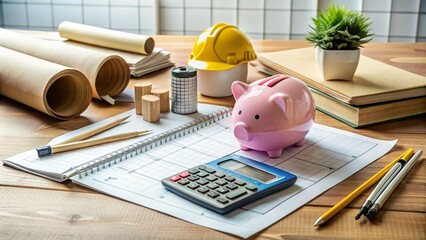 A neatly organized desk with a calculator, notebook, and Piggy Bank, surrounded by blueprints and construction tools,