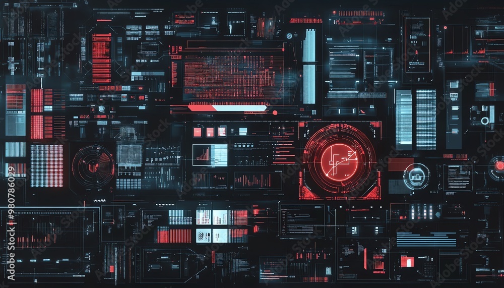 Poster futuristic digital interface with various data displays and graphical elements.