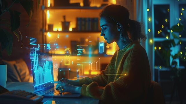 Professional using a notebook computer with futuristic financial data and growth icons overlay in a stylish office