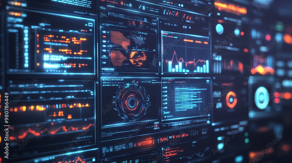 Poster futuristic interface with data displays and glowing blue and red lines