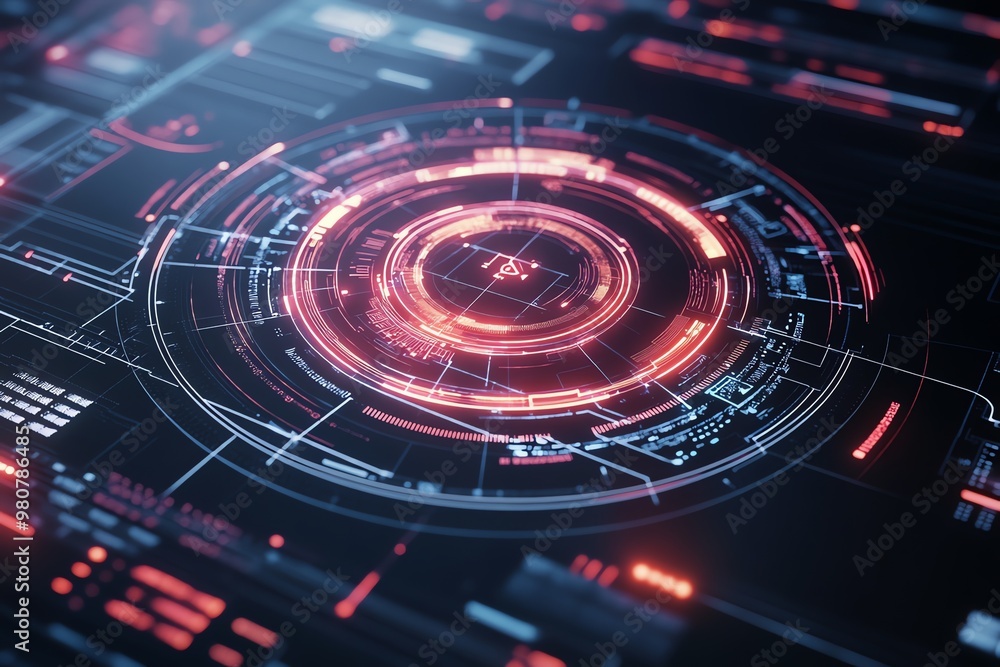 Poster glowing red and blue circular interface with data display