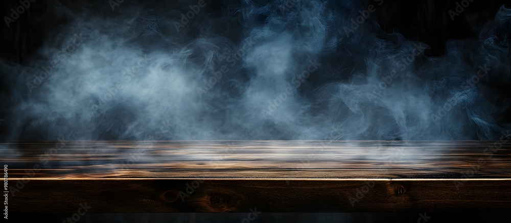 Poster a dark background enhances the visual appeal of an empty wooden table with smoke rising creating an 