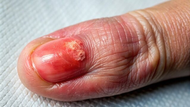 A painful gouty tophus, a small, usually whitish, deposit of uric acid crystals, grows on a swollen, inflamed,