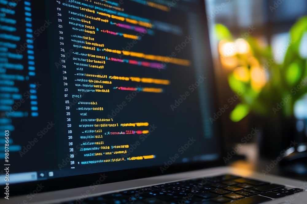 Poster laptop display showing lines of code with a blurred background