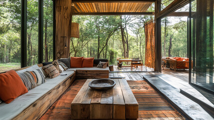 Naklejka premium A rustic open-air living area with reclaimed wood furniture, woven rugs, and an open view of the surrounding forest, blending nature with comfort