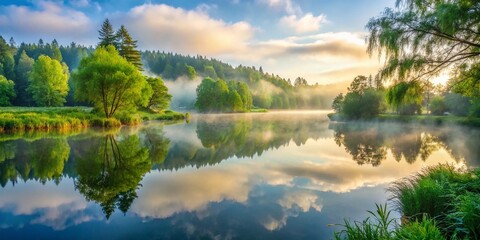 A peaceful morning scene showcasing a serene lake surrounded by lush greenery, with a misty fog rolling in,