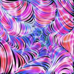 A vibrant abstract design with dynamic, flowing shapes in shades of pink, purple, blue and yellow. The swirling, ribbon-like shapes create a sense of movement and energy against the backdrop
