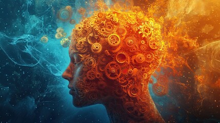 "Abstract Profile of a Mechanized Mind with Gears and Flowing Energy"
