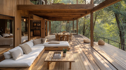 A rustic open-air living area with reclaimed wood furniture, woven rugs, and an open view of the surrounding forest, blending nature with comfort