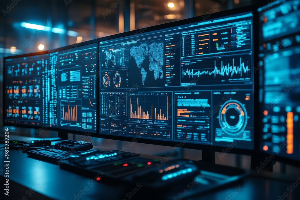 Poster multiple computer monitors displaying data and graphs in a dark room