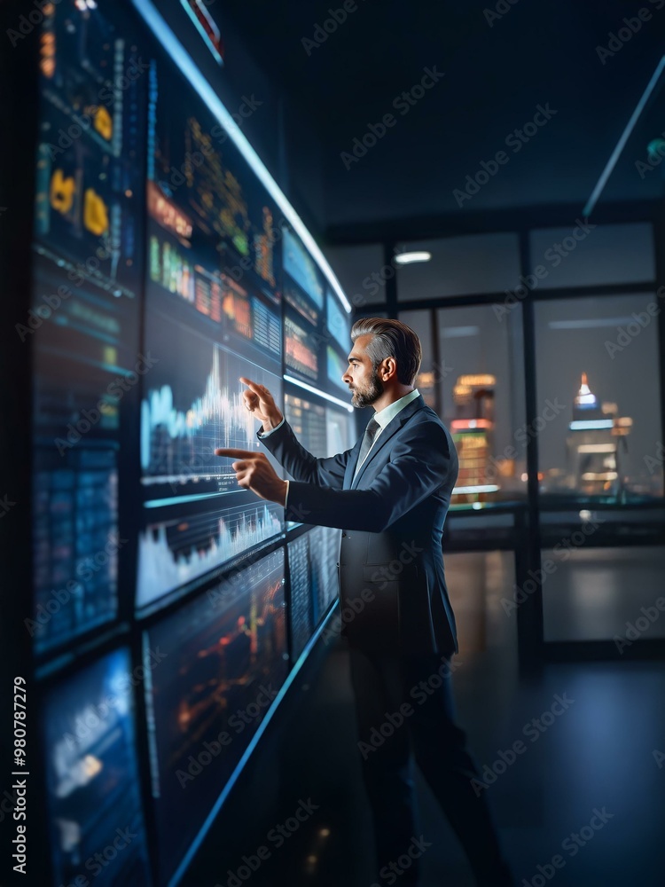 Poster a man in a suit stands in front of a wall of digital screens, interacting with the data displayed on
