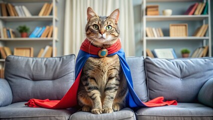 A playful cat wearing a superhero cape and mask sits on a couch, paws crossed, with a confident