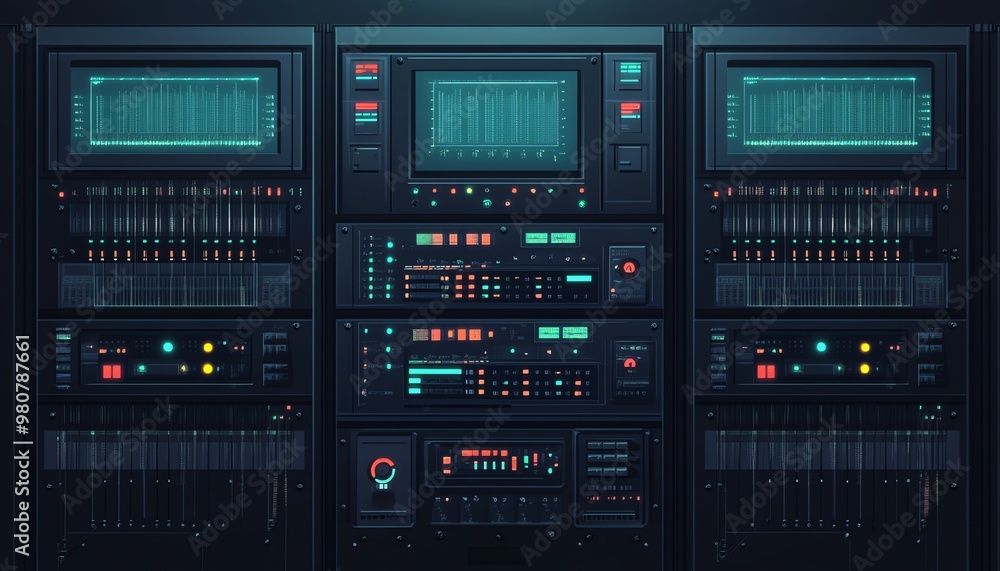 Poster futuristic control panel with oscilloscope displays and audio mixing console