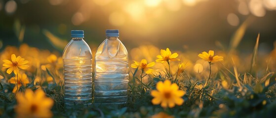 In the grass with golden flowers, there are discarded plastic bottles and packing.