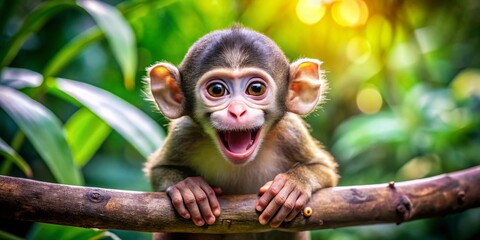 Fototapeta premium A playful monkey with a bright, toothy grin and sparkling eyes joyfully perches on a branch, exuding a