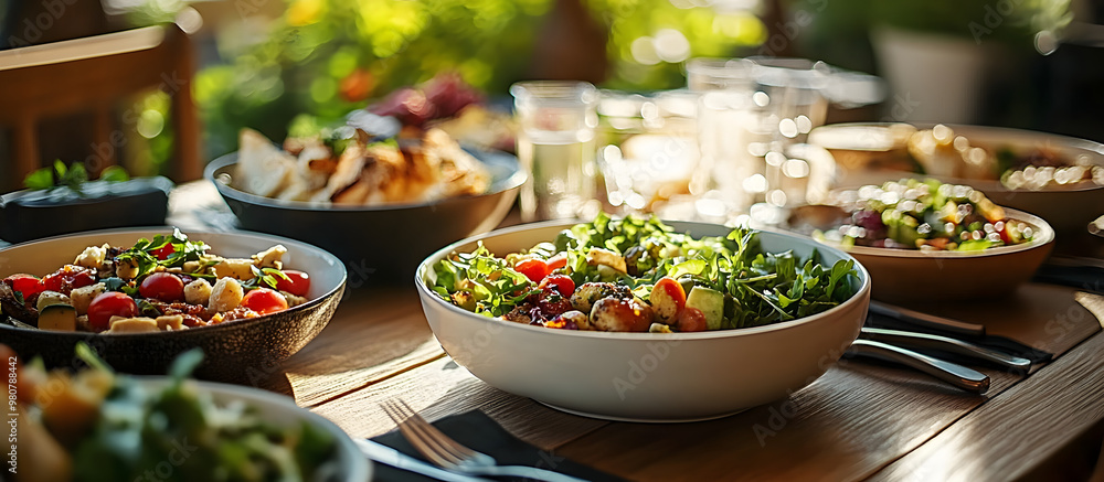 Poster a table set with plates of delicious food and bowls of fresh salad creating an appealing copy space 