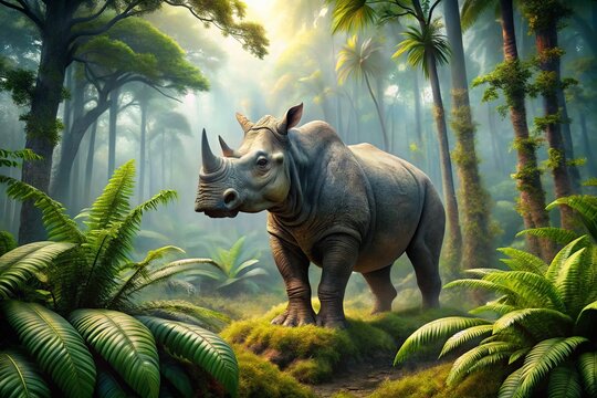 A prehistoric Brontotherium, a mighty four-legged herbivore with a distinctive horn-like protrusion, roams a lush,