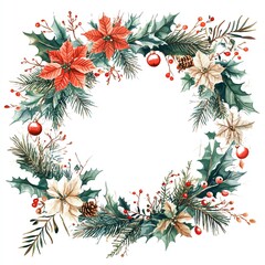 Fototapeta premium Beautiful festive wreath adorned with poinsettias, holly, and pine, perfect for holiday decorations and seasonal celebrations.