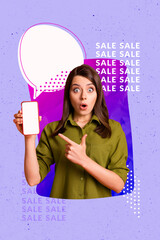Vertical photo collage of astonished girl hold phone screen notification bubble sale black friday...
