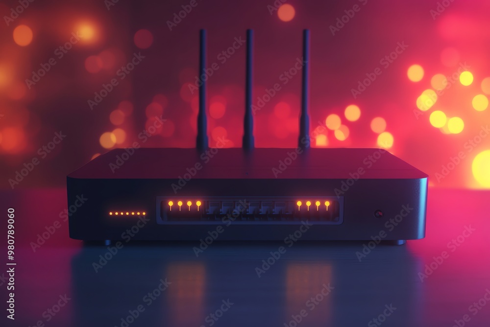 Poster wireless router with antennas and indicator lights