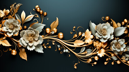 A wallpaper with flowers and gold ornaments, golden floral background, floral background, golden floral background with ornament