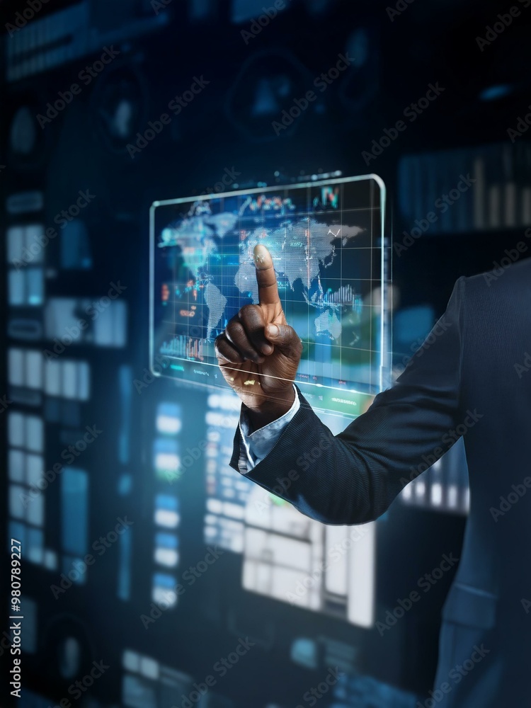 Poster a hand in a suit interacts with a digital display showing a world map, data points, and graphics.