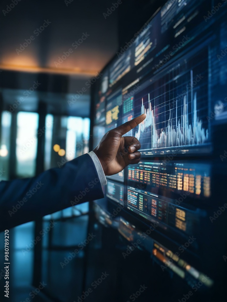 Aufkleber a hand points at a large screen displaying a financial graph and data.