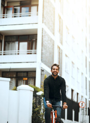 Man, employee and happy on portrait with bicycle in city sidewalk for transportation and commute in Italy. Male person, outdoor and smile on bike for cartoon footprint, eco friendly and environment